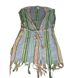 Beca Beach Cover Up Womens XS Neon Stripe Belted Lightweight Fringe Tassel Boho